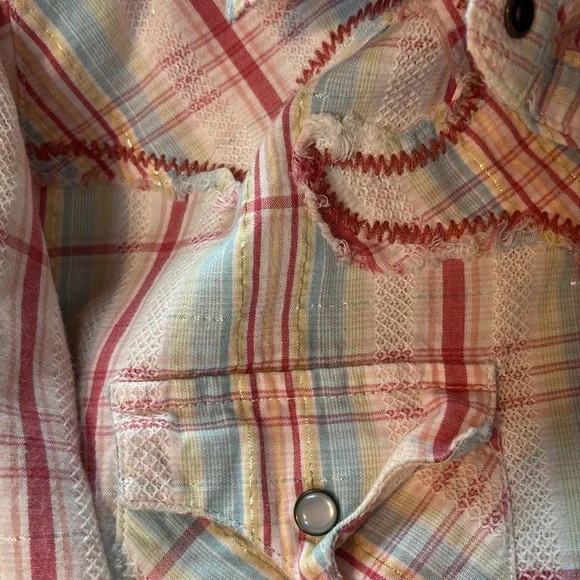 Ariat Woman’s Pastel Plaid Pearl Snap Western Shirt Embroidered Raw Hem Size XL - Picture 3 of 7